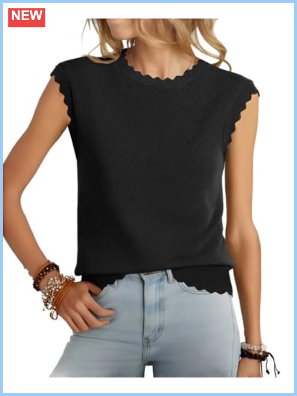 Sleeveless Scallop Edge Knit Sweater Vest Crew Neck Business Casual Tank